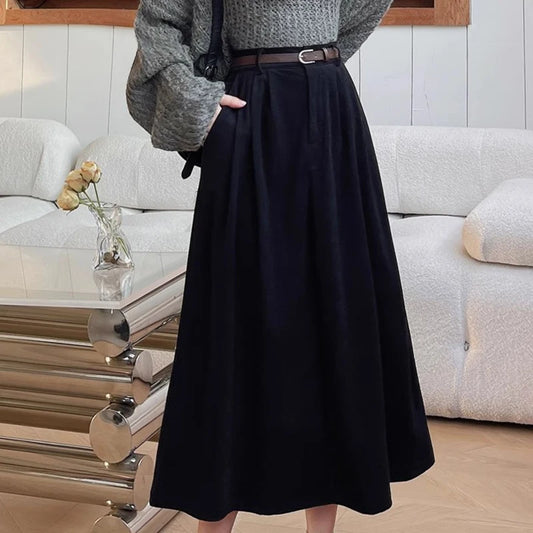 C.New S Vintage Belt Corduroy Midi Skirt Women High Waist A Line Pleated Skirts Autumn Winter Streetwear Korean Casual Skirt