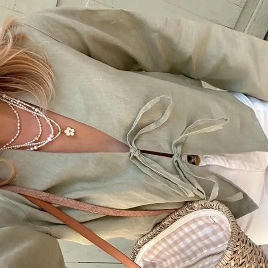 Women’s Linen Blouse with Drawstring and Long Sleeves