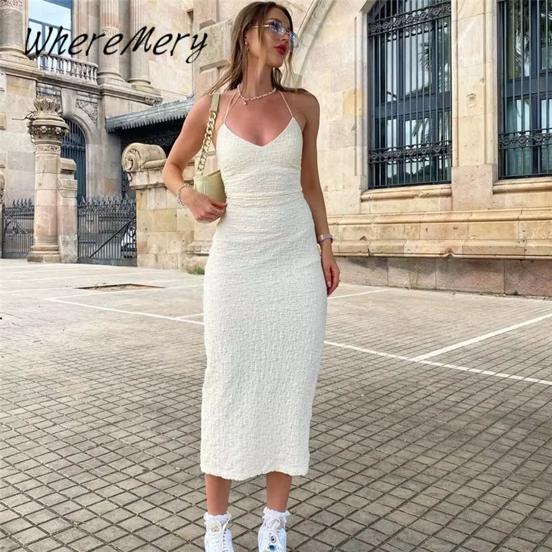 WhereMery Elegant Sleeveless Long Dresses Y2K Summer Backless Slim Low-cut Women's Dress Fashion Solid Knit Streetwear Club Robe