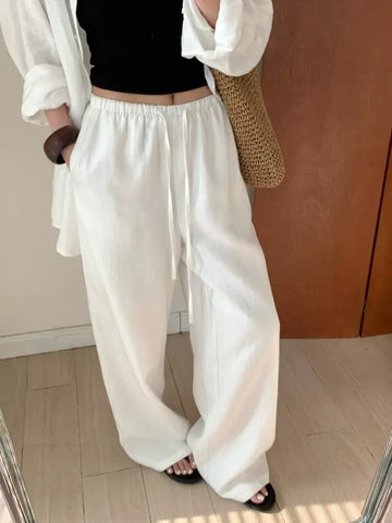 Women’s Wide-Leg Linen Trousers with Drawstring