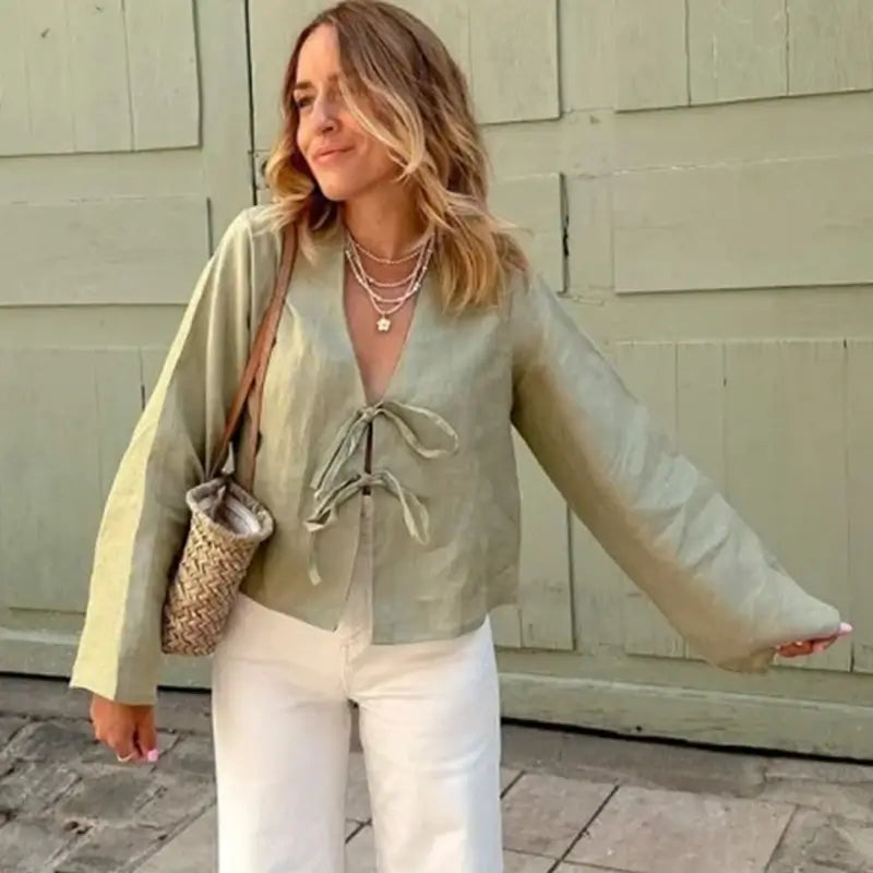 Women’s Linen Blouse with Drawstring and Long Sleeves